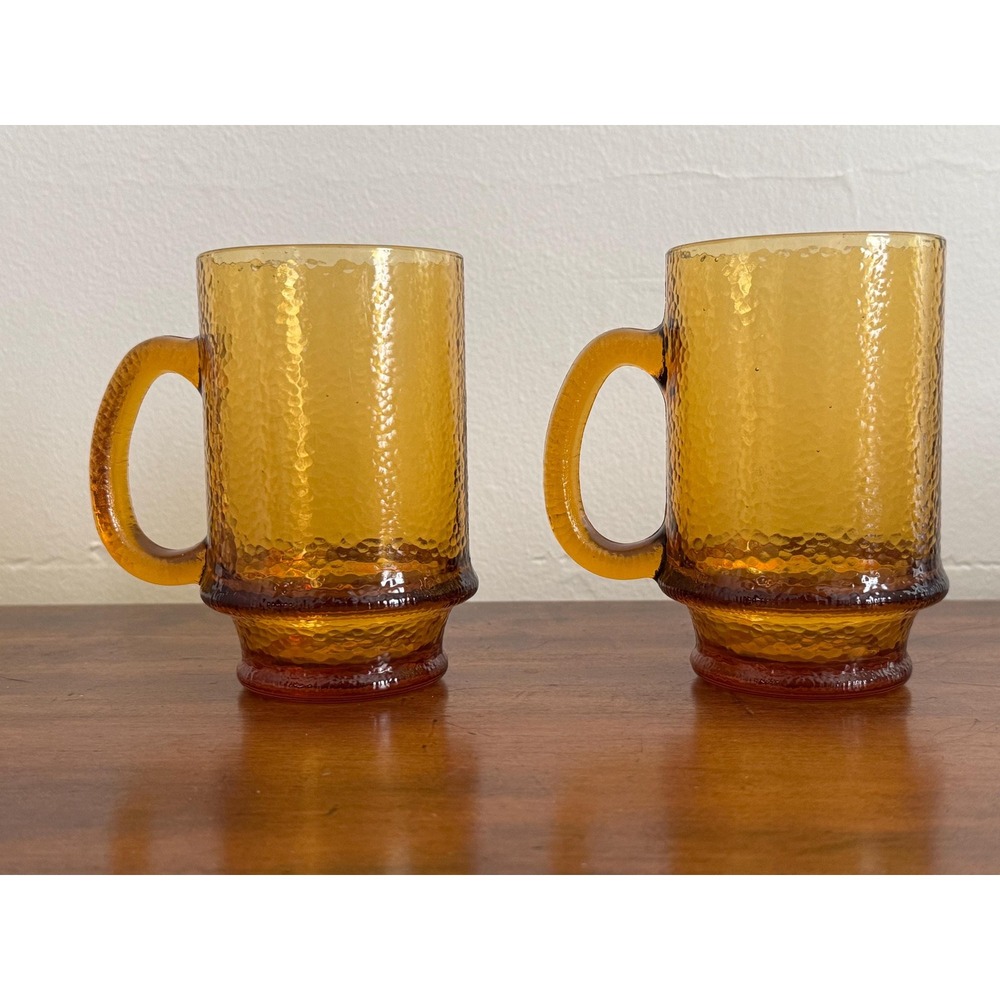 Vintage Set of 2 Amber Pebbled Glass Mugs